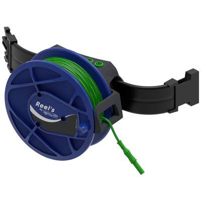 A blue cable reel with a green cable, mounted on a black bracket, demonstrates a technical product for cable management.