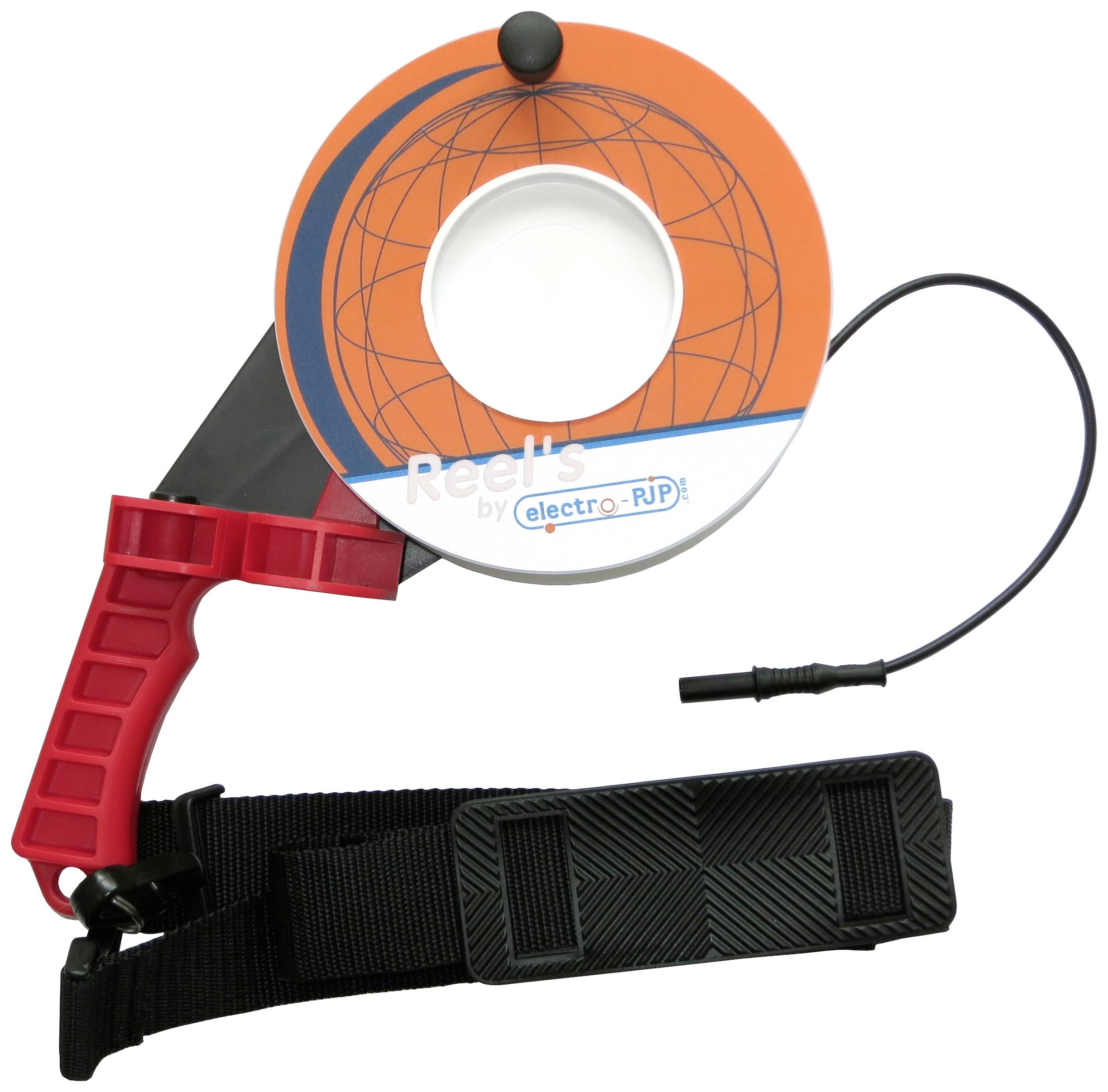 A red and orange tape measure with a handle and black strap, perfect for precise measuring during DIY or technical tasks.