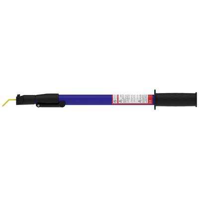 Long, blue hand tool with a black handle and yellow tip. A label with safety information is located on the shaft.