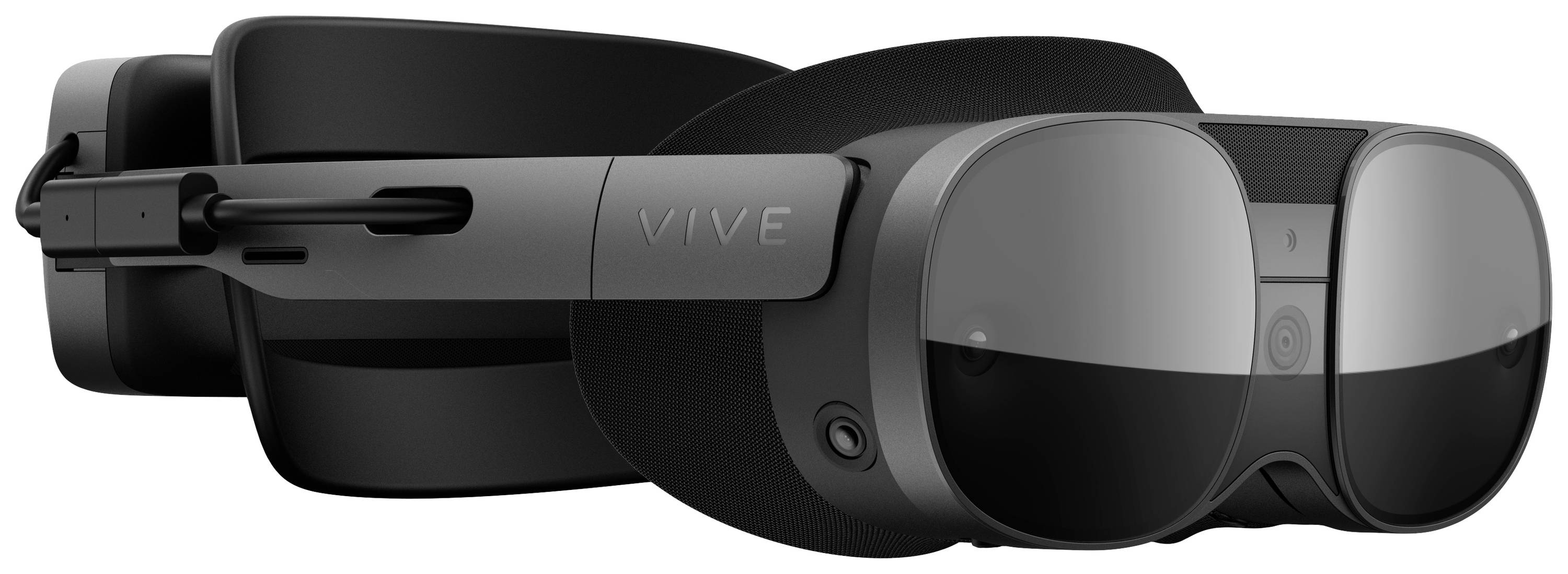 Virtual reality headset with modern design, black, side view. The headset has two large, reflective lenses and an adjustable strap.