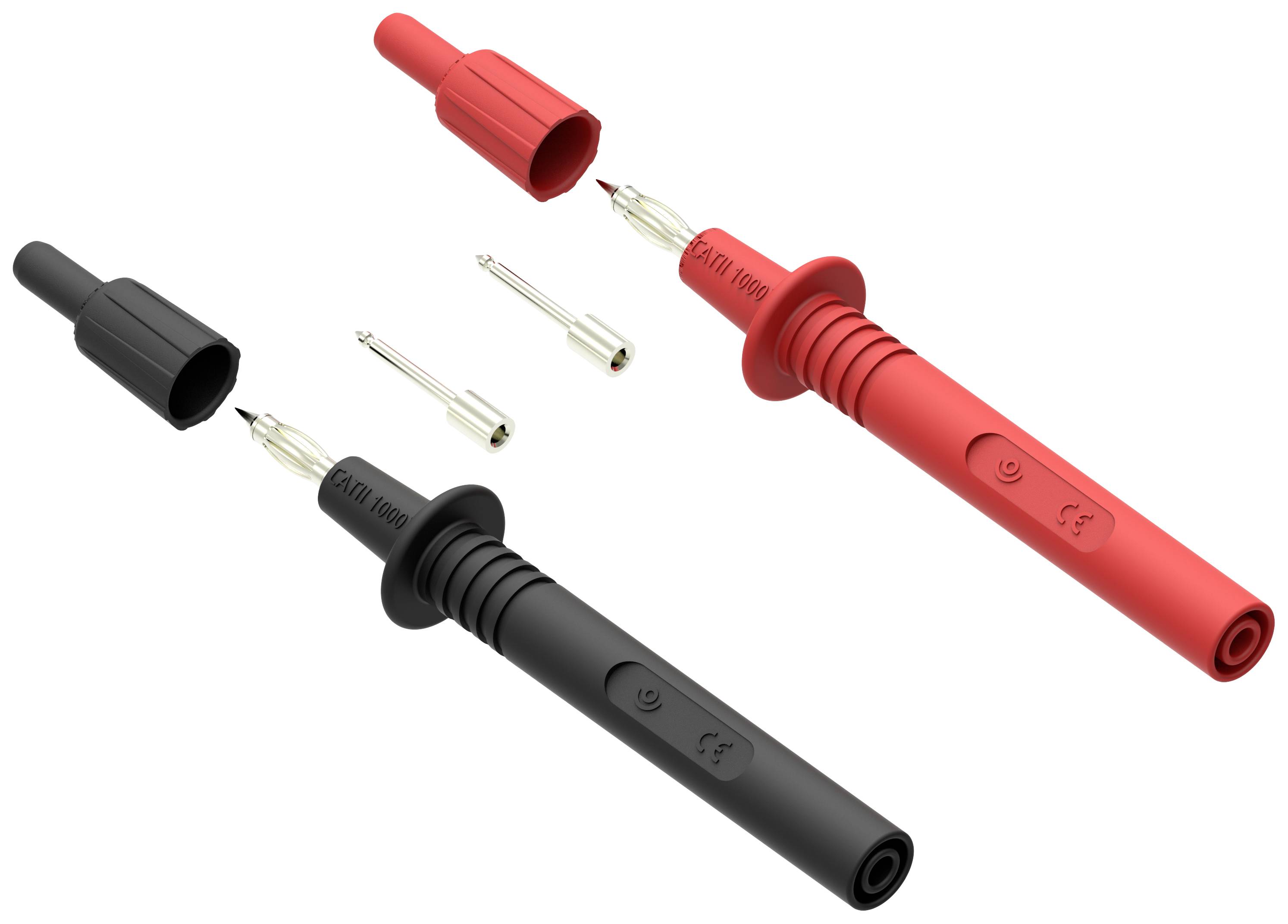 Two test leads, one red and one black, with removable caps and gold-plated tips, for electrical measuring instruments.