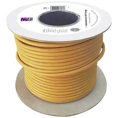 A large reel with orange cable, wound around a grey cardboard core. White labels are visible at the top and bottom of the reel.