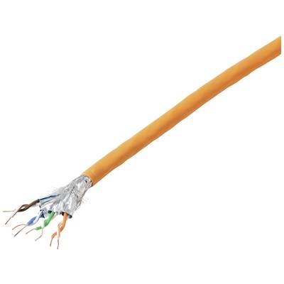 An orange network cable with visible inner conductors of different colours at the cut, insulated by a silver sheath.