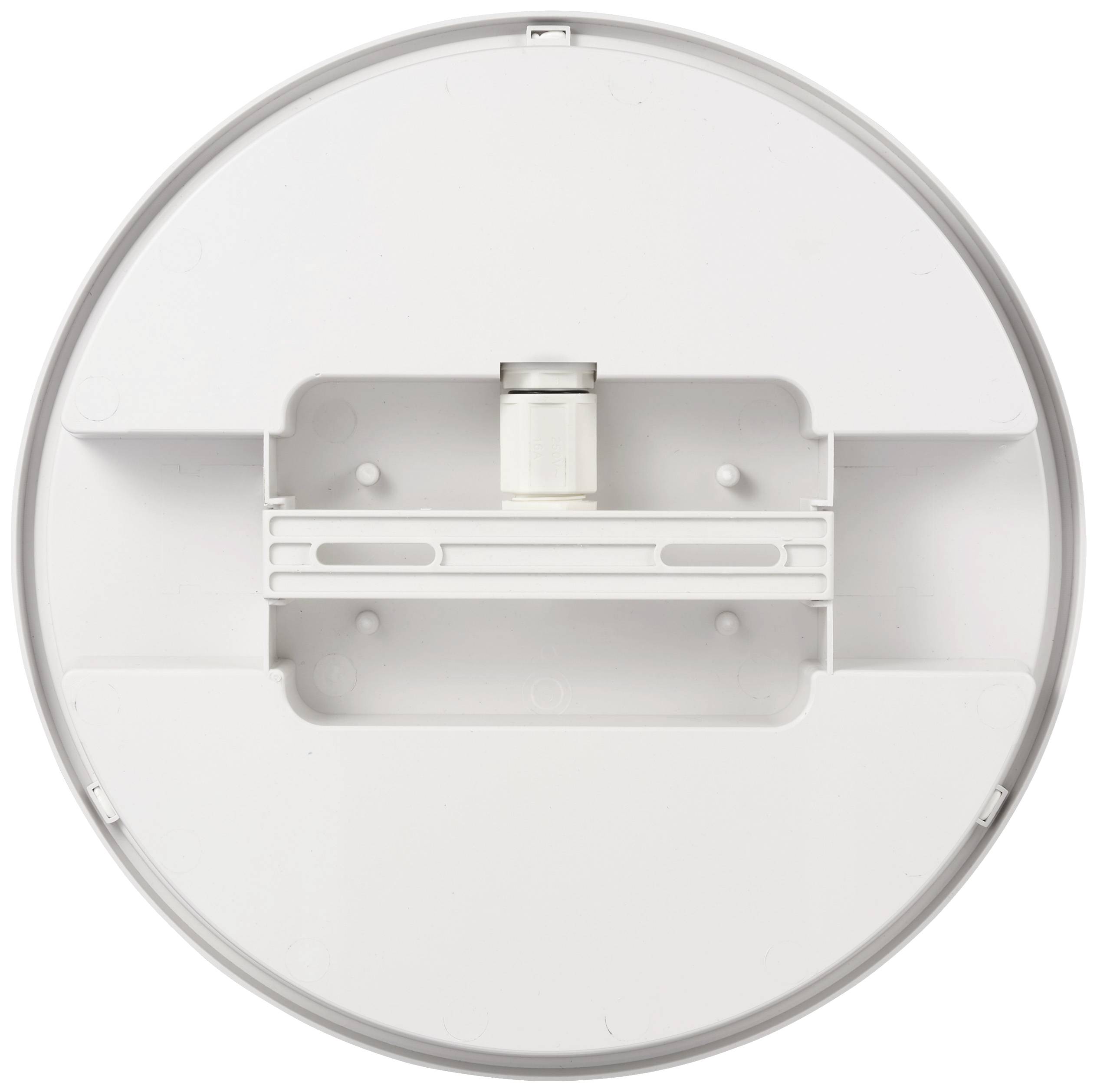 Round, white cover with a mounting bracket in the centre, likely for wall-mounting an electronic device.