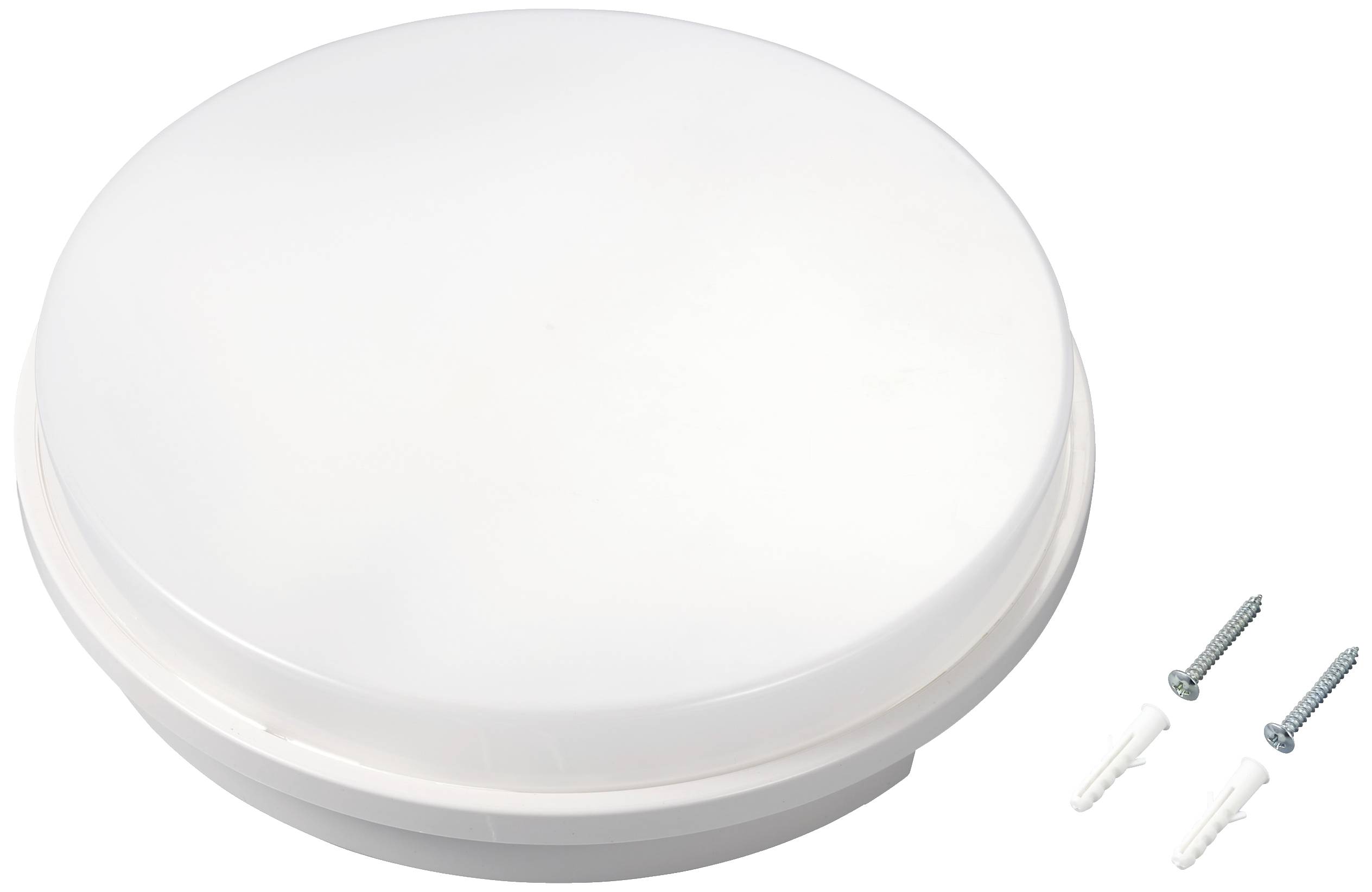 Round, white ceiling light with two screws and wall plugs for mounting.