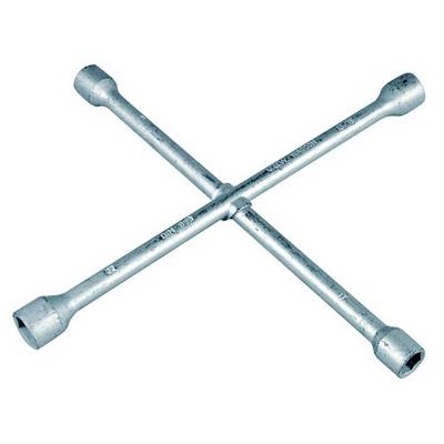 A cross-shaped metal wheel nut spanner, used for loosening and tightening wheel nuts on vehicles.