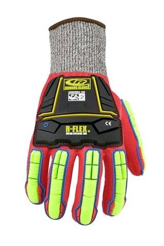 A red and green protective glove with reinforced back of hand and elastic cuff.