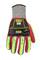A red and black safety glove with bright green reinforcements, suitable for industrial work, displays a non-slip surface.