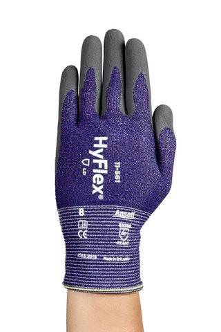 A purple work glove with grey fingertips. Label reads: 'HyFlex', 'Ansell' and 'EN388'. Developed for protection and flexibility.