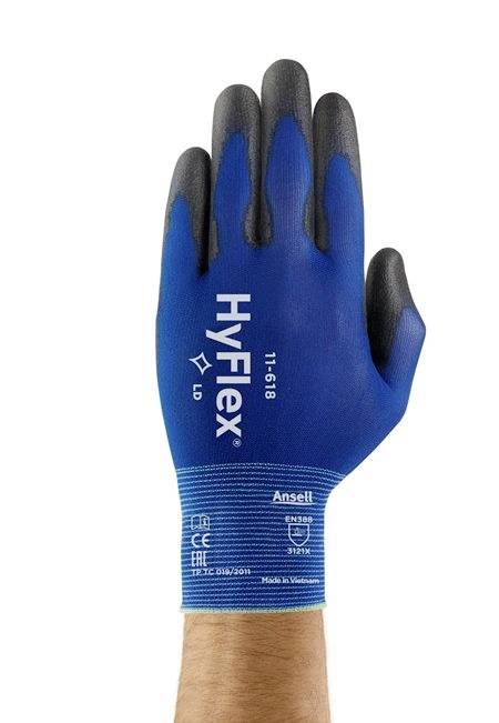 Blue HyFlex work gloves, model 11-618, protect hands and provide dexterity. Text reads: 'Ansell, Made in Vietnam'.