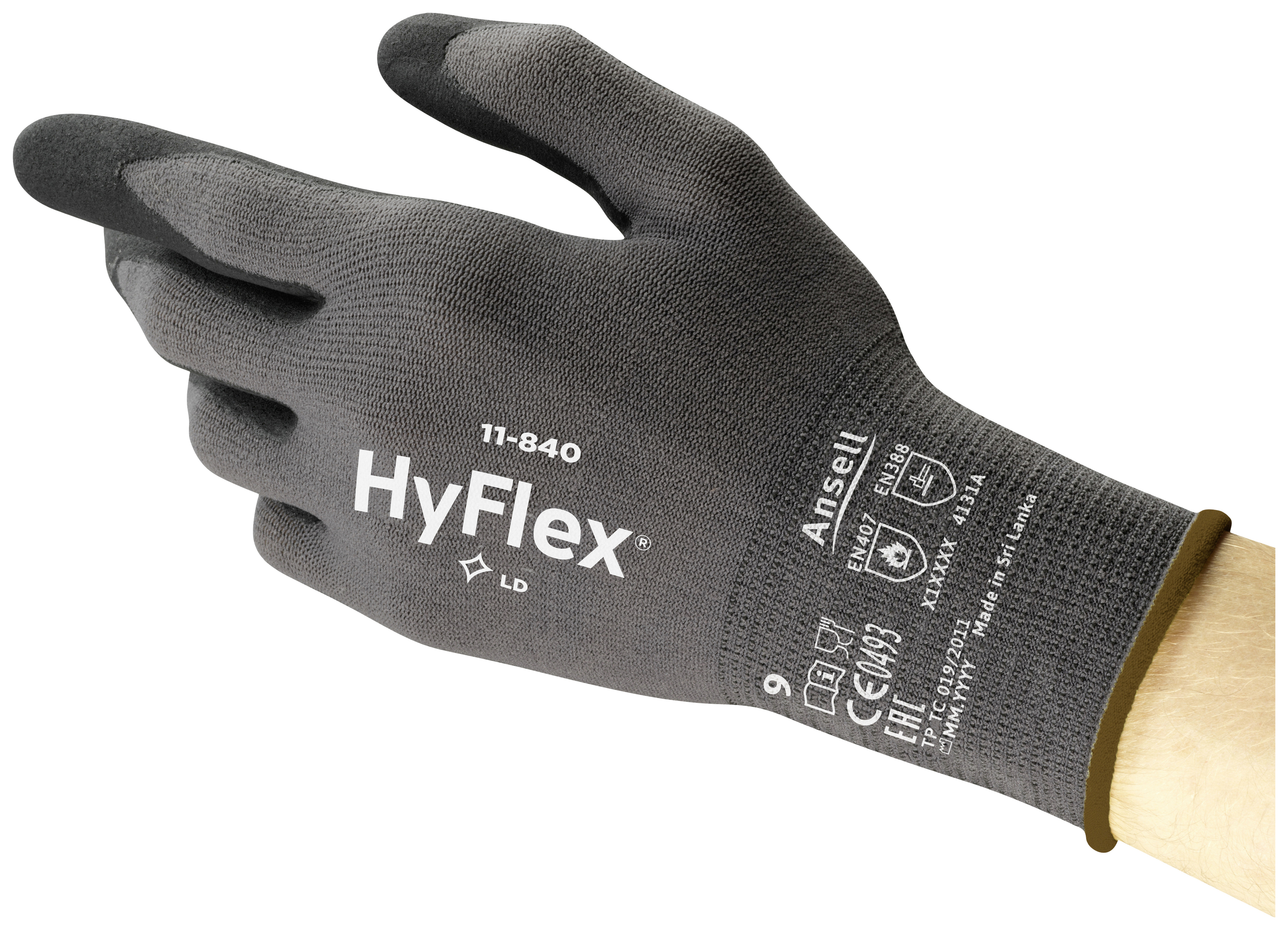 'Dark fabric work glove with the inscription "HyFlex 11-840" and a logo on the top side. One hand is wearing the glove.'