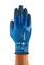 A blue work glove by Ansell with 'HyFlex' written on it, worn on a hand; suitable for industrial applications.