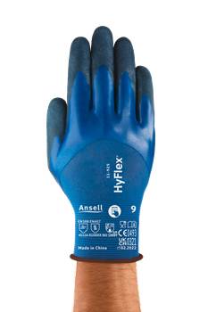 A hand is wearing a blue HyFlex glove by Ansell in size 9, suitable for mechanical protection. Clear text and symbols on the glove.