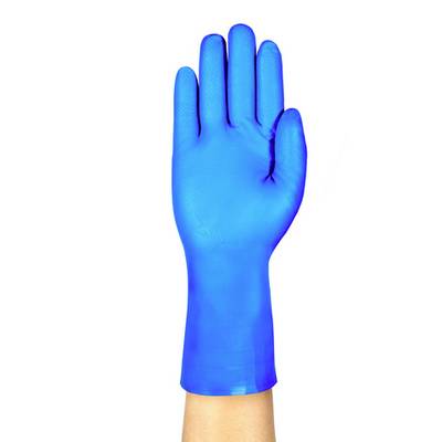 A blue disposable glove is being worn on a hand, with the palm facing forward.