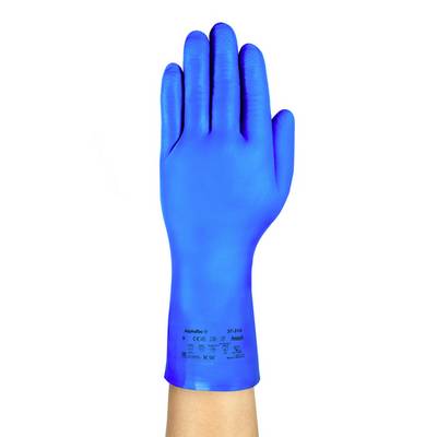Blue rubber protective gloves, worn on one hand. Suitable for use in laboratories or during cleaning.