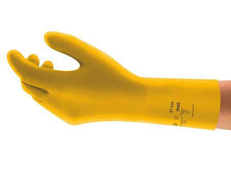 Yellow, isolated rubber glove with protective design, suitable for electrical work.