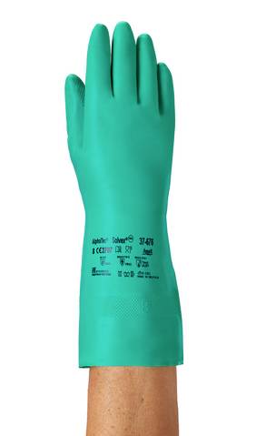 A green protective glove hand, raised, displays symbols and text on the back of the hand. Suitable for chemical resistance.