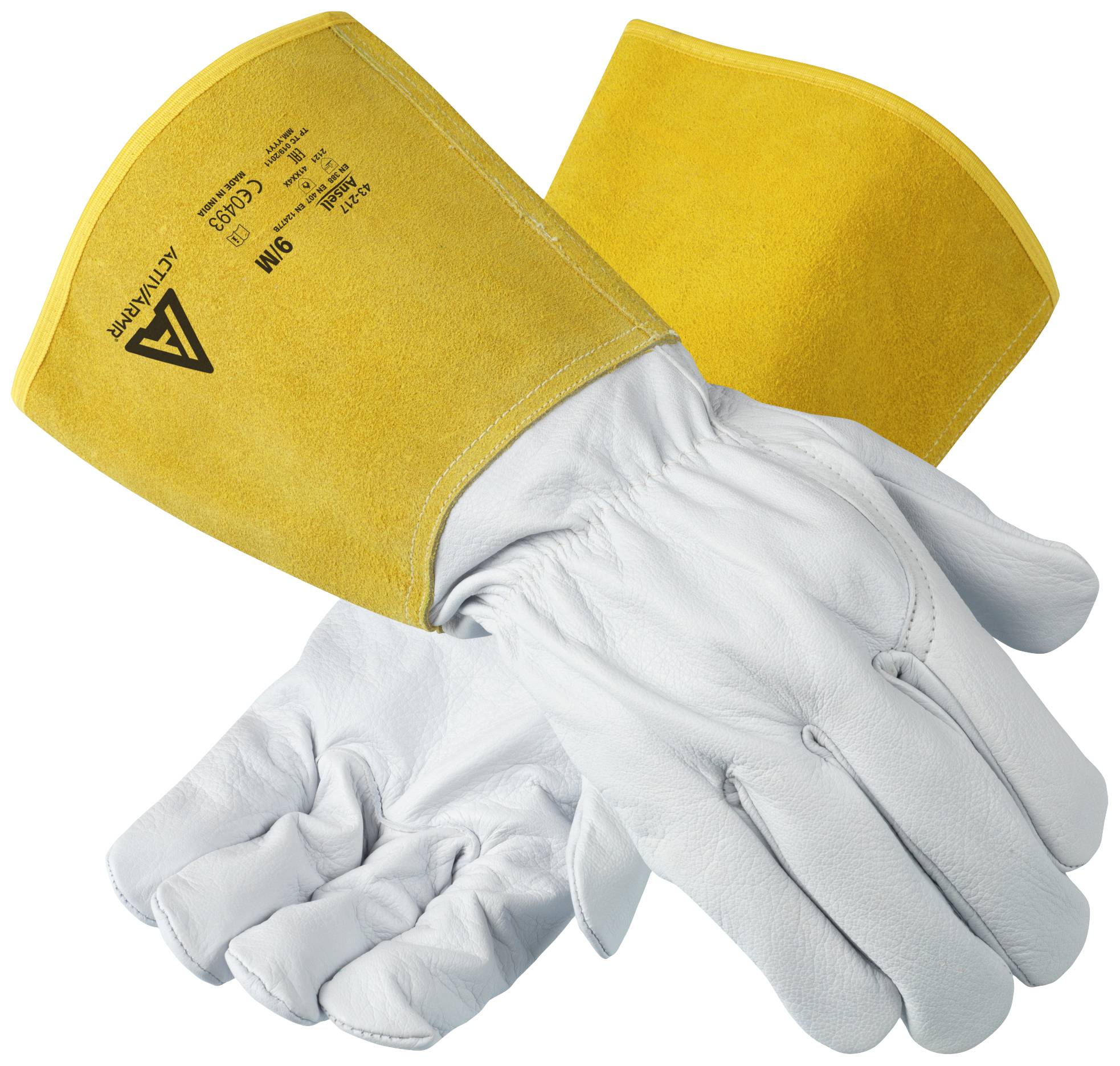 Leather work gloves with yellow reinforcement at the wrist, suitable for welding work, protect against heat and sparks.