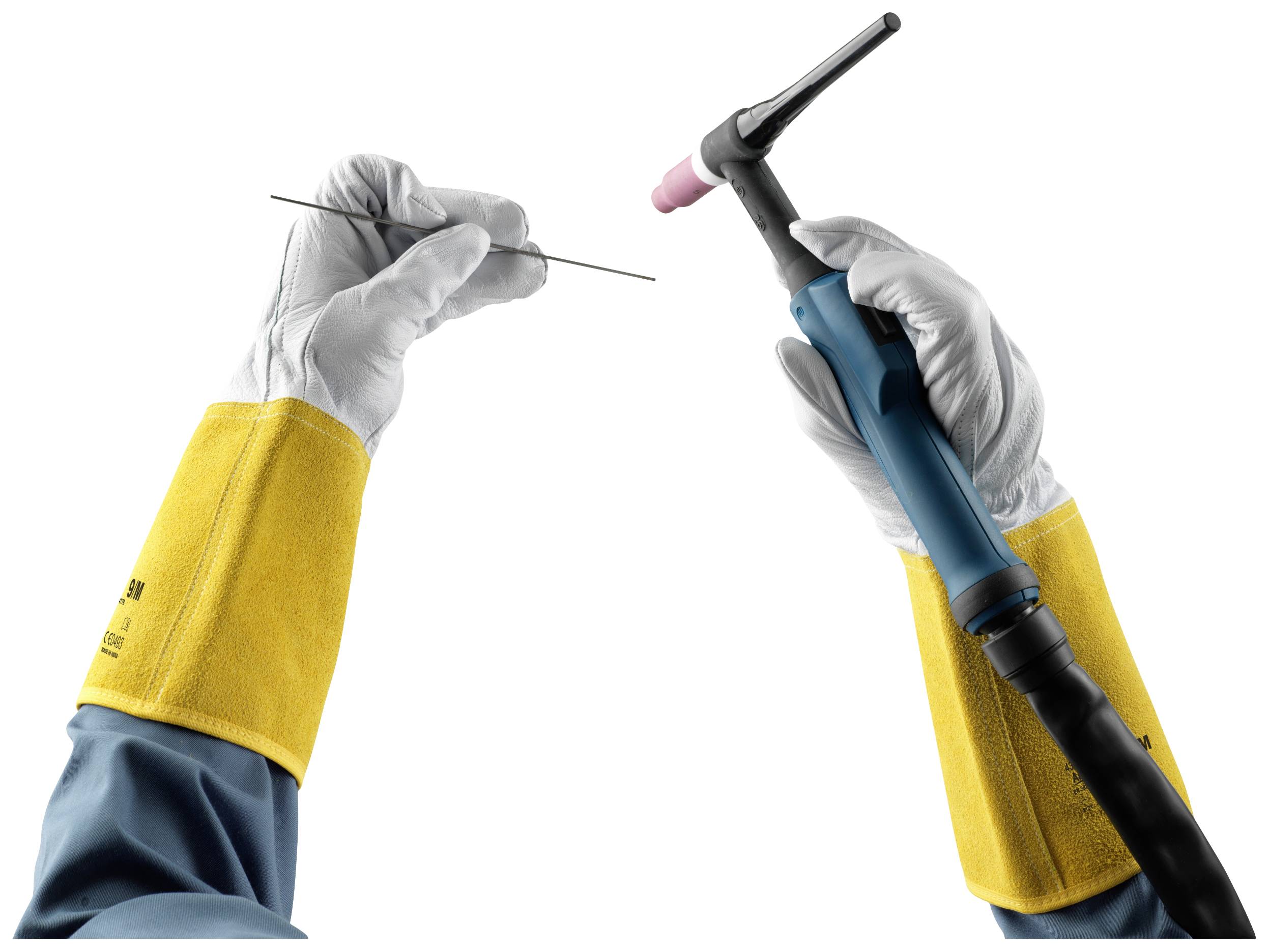 Two hands in protective gloves are holding a welding device and a welding electrode. They are preparing for a welding process.