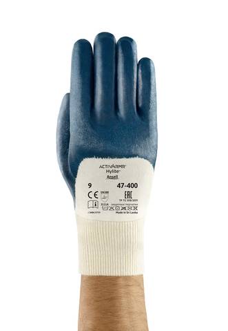 A hand wearing a blue rubber work glove, pointing upwards. The glove has a white cuff with sizing and safety information printed on it.