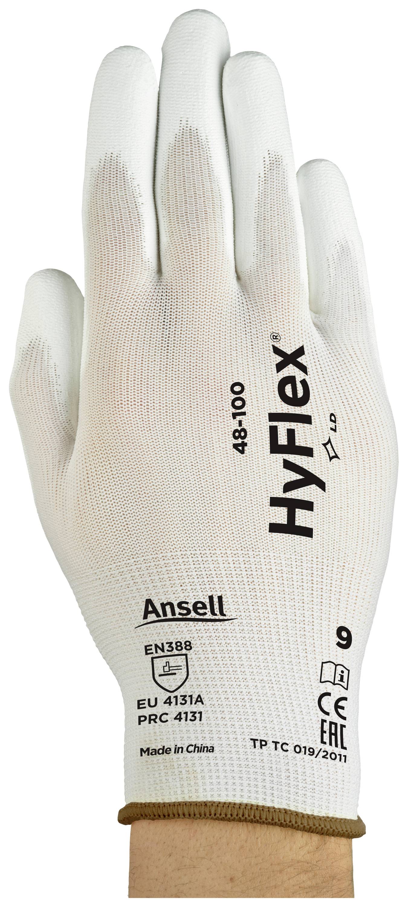 White work gloves with the inscription 'HyFlex' and 'Ansell'. Hand size 9. Certifications and country of manufacture: China.