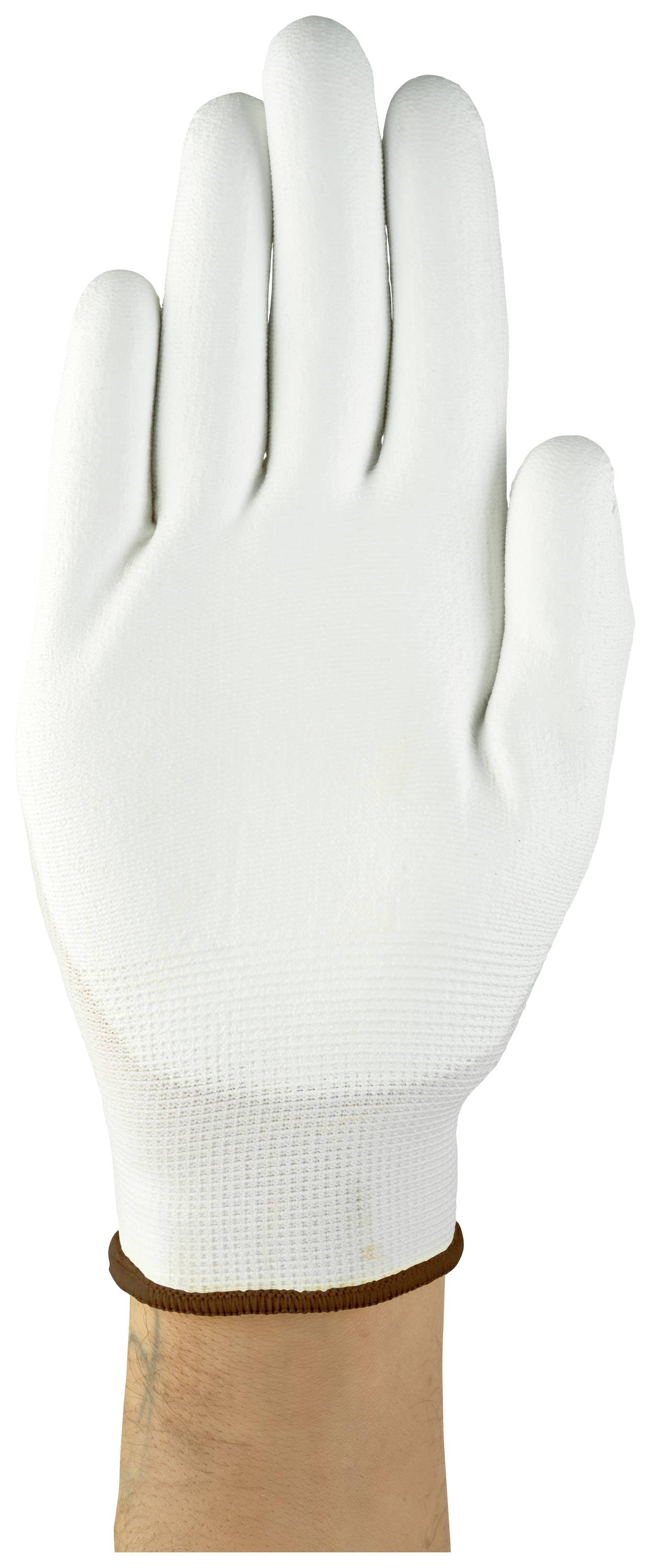A single white work glove shown on a human hand. The glove has a fine texture and fits snugly.