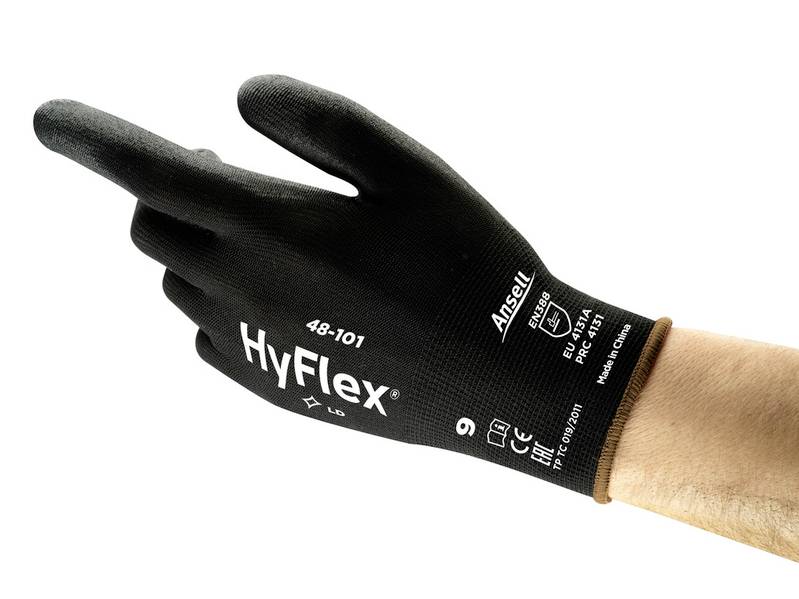 'Safety glove made of black material, marked with "HyFlex 48-101", worn on one hand, provides protection and grip.'