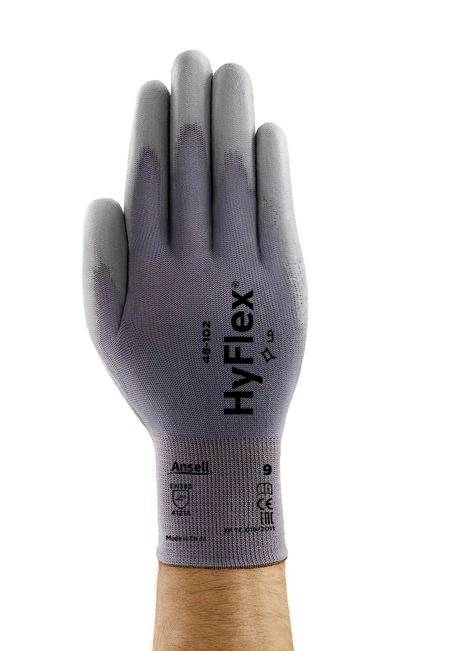 A hand is wearing a grey work glove with the inscription 'HyFlex', size 9. The glove provides protection and flexibility.
