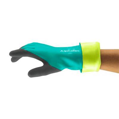 A green and black work glove is being worn by a hand. The wrist area is yellow.