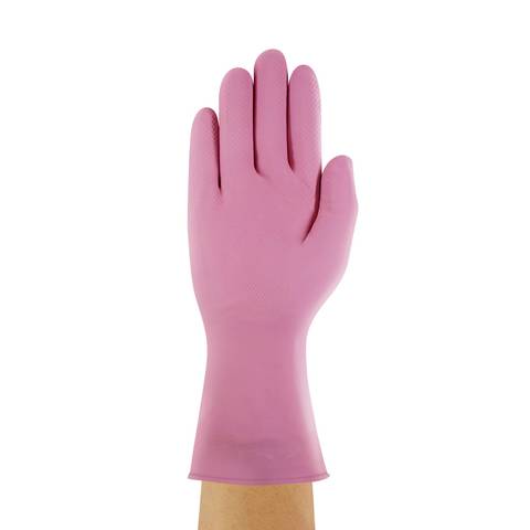 A pink rubber glove is pulled over a hand, with the palm facing forward. Suitable for protection during cleaning tasks.