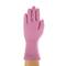 A pink rubber glove is pulled over a hand, with the palm facing forward. Suitable for protection during cleaning tasks.