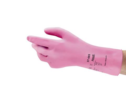 A hand is wearing a pink rubber glove, which is suitable for protection and hygiene during cleaning.