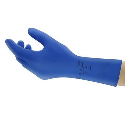 Blue rubber gloves used to protect hands from chemicals or dirt; the right hand is pictured.
