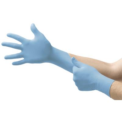 A person is pulling on blue disposable gloves over their hands, ready for hygienic tasks.