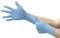 A person is pulling a blue disposable glove over their left hand. The gloves symbolise hygiene and protective measures.