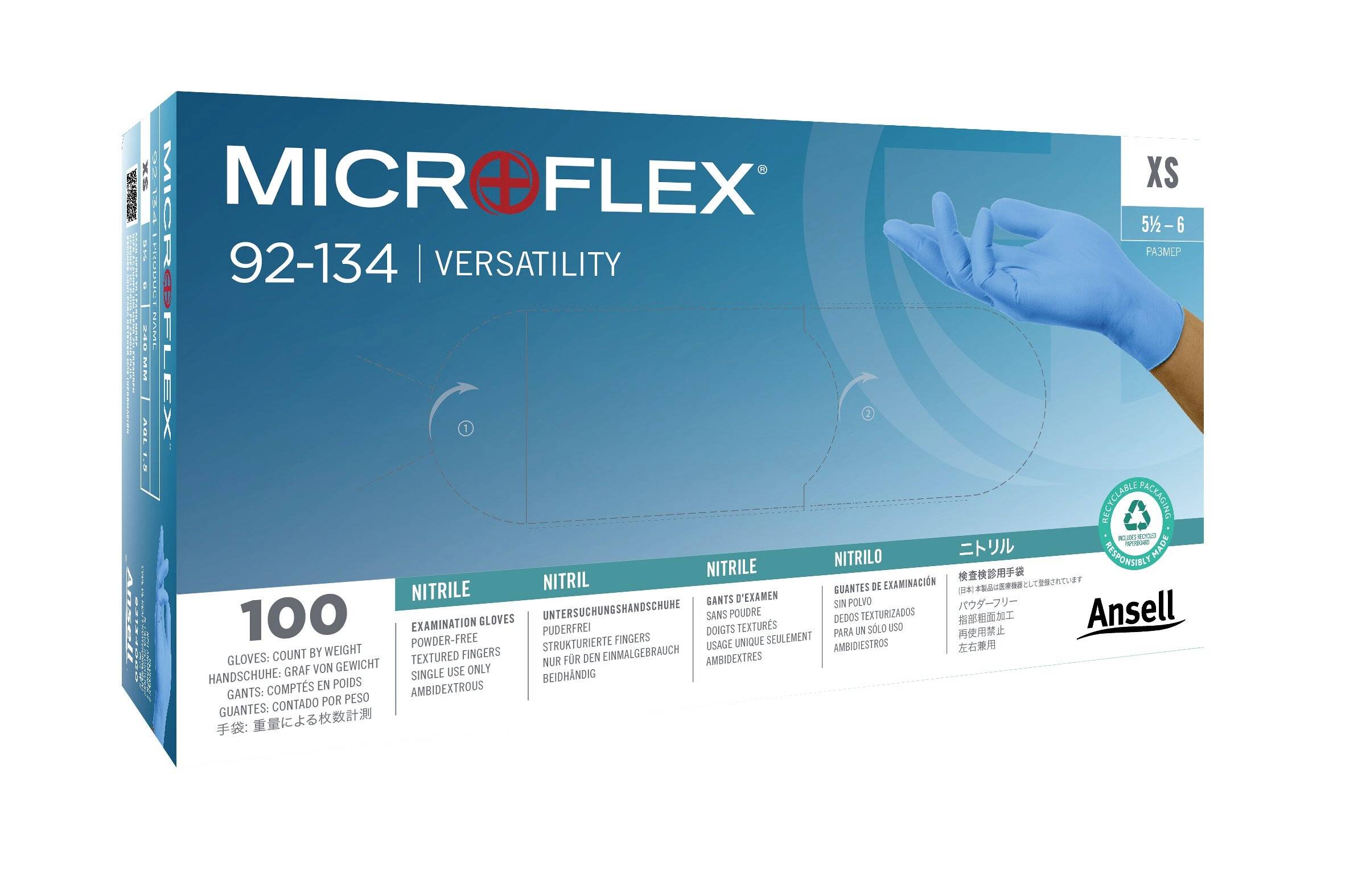 Packaging of blue disposable gloves, brand 'Microflex 92-134', Size XS. Contains 100 pieces, made of nitrile, versatile.