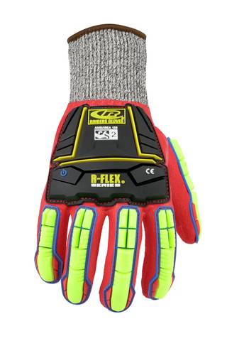 Safety glove with red-green design and reinforced fingers. Ideal for industrial applications with high cut protection.