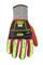 Safety glove with red-green design and reinforced fingers. Ideal for industrial applications with high cut protection.