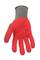 Red work glove with colourful fingertips and a ribbed wristband, manufactured from various materials.