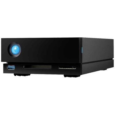 External black hard drive with blue illuminated button on the front. Features USB and memory card ports.