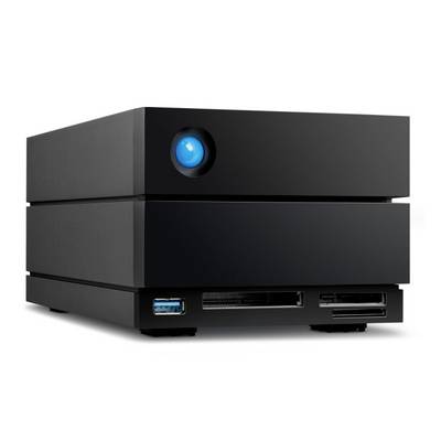 A black external storage cube with blue LED lighting, featuring multiple USB and memory card slots; demonstrates technological functionality.