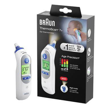 'Braun ThermoScan 7+ ear thermometer with packaging. The display shows 37.0°C. Recommended for all age groups with Age Precision.'