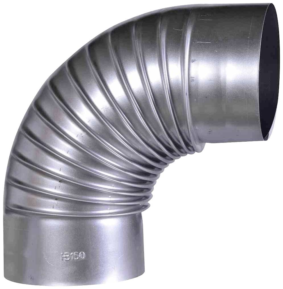 Silver, corrugated pipe bent at a 90-degree angle, suitable for ventilation or exhaust ducting.