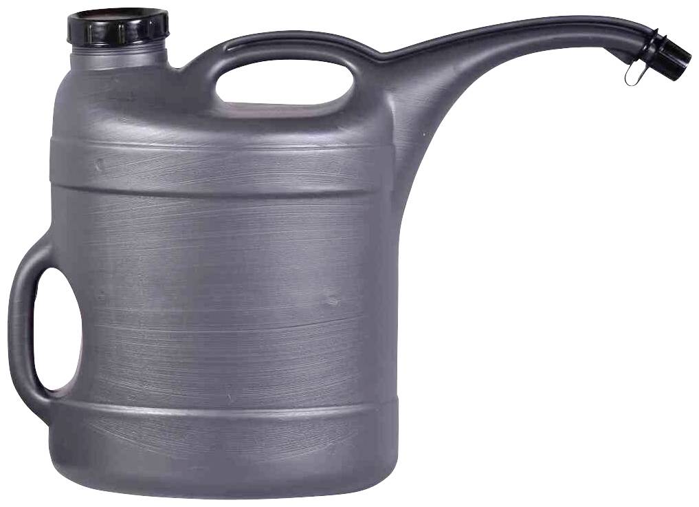 Grey watering can with long spout and two handles; suitable for watering plants.