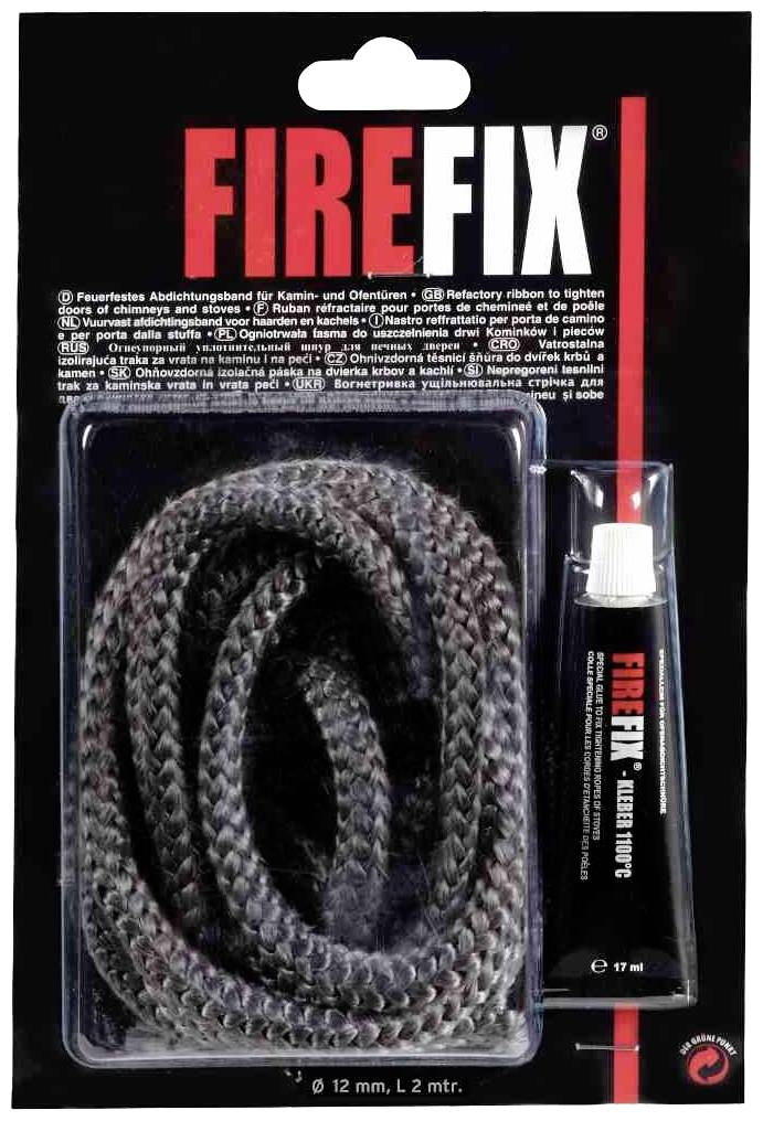 Pack of chimney and stove sealing set 'FIREFIX', contains dense rope and tube of sealant.