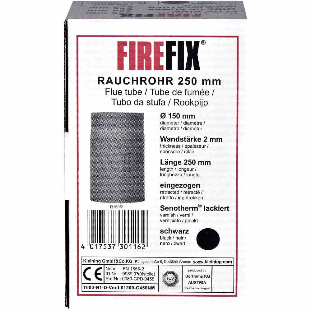 The packaging of a smoke pipe by the brand Firefix displays a grey pipe. Key features: 150 mm diameter, 250 mm length, black lacquered.