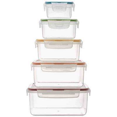 Five stackable, rectangular plastic storage boxes in different sizes with multi-coloured lids.