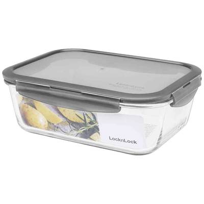 Rectangular glass food storage container with a grey lid and side-locking mechanism, partially filled with depicted potatoes.