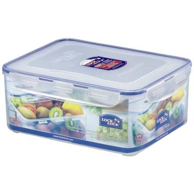 Rectangular food storage container made of transparent plastic with a blue lid. Features an image of colourful fruit and vegetables on the side.