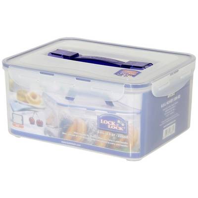 Clear-view container with a blue lid and handle, 'Lock & Lock' brand logo, filled with bread and cherries, ideal for storage.
